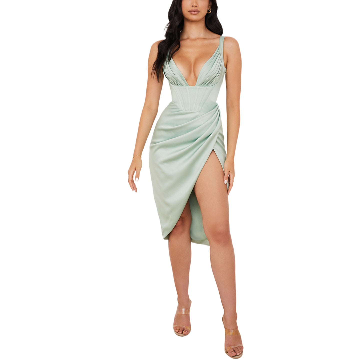 Elegant Deep V Neck High Waist Pleated Midi Dress